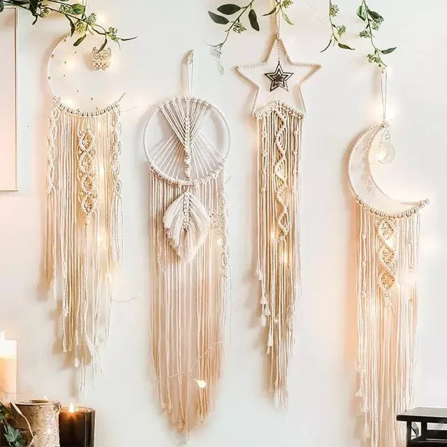 Handmade macramé wall hangings in crescent, circle, star, and moon shapes with greenery and soft lighting