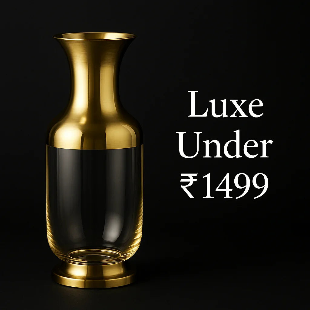 Elegant gold and transparent glass vase with Luxe under ₹1499 text on black background