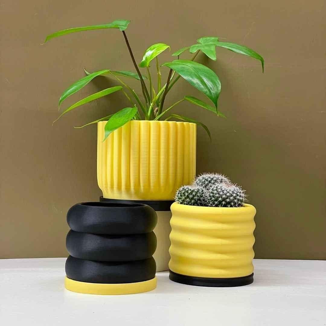 Yellow Carved Line Planters (set of 3)