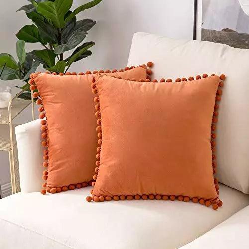 Orange Pom-Pom cushion cover set of 2 - Decor Things