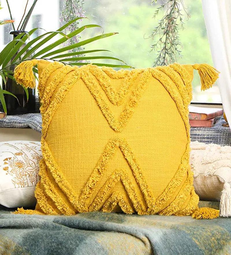 Triangle Design cotton tufted cushion cover (mustard) - Decor Things